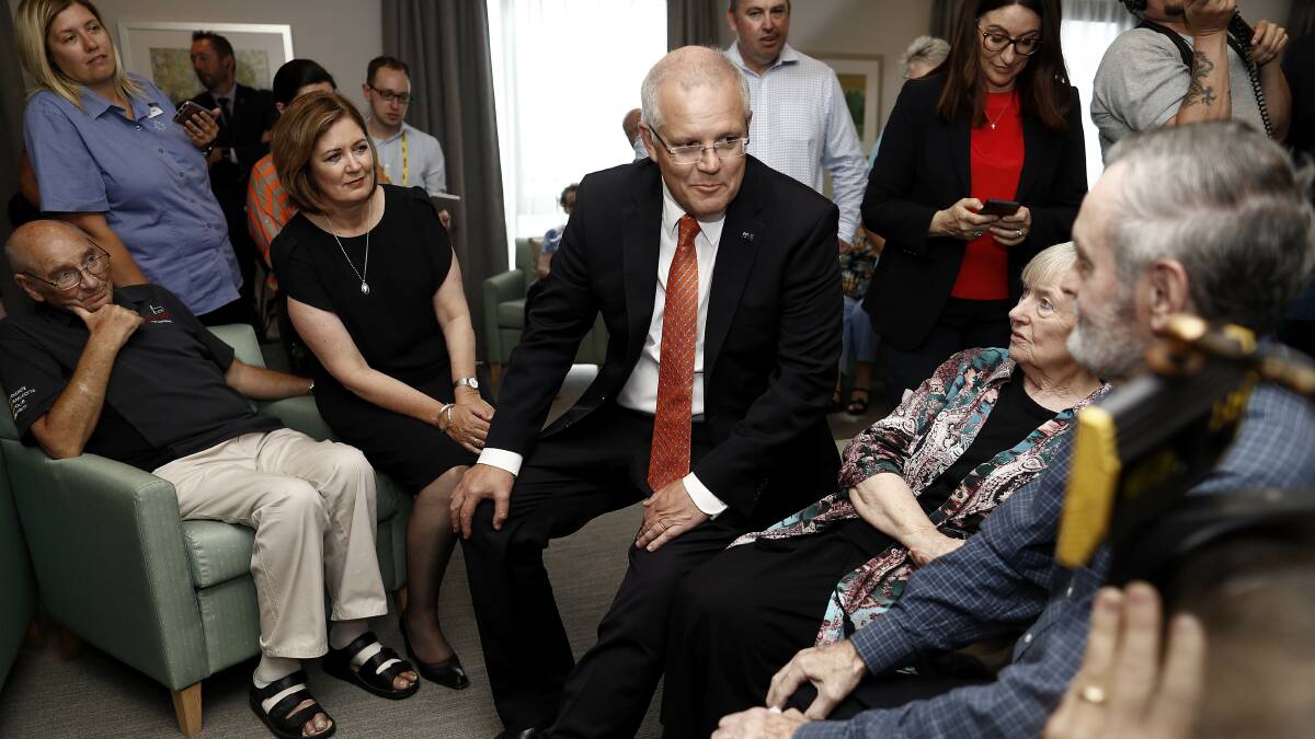 Prime Minister Scott Morrison speaks with residents of The Vue at Geelong's Luson Aged Care in the lead-up to the 2019 election. Picture: Getty Images