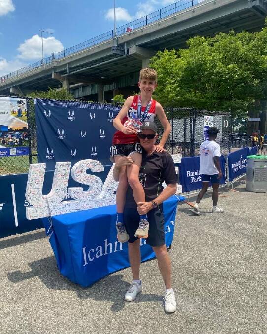 Star: Harry Keats with his coach Peter Murphy after winning both the 400m and 800m race at the USA Track and Field National Youth Outdoor Championships in Icahn Stadium. Photo: John Keats. 