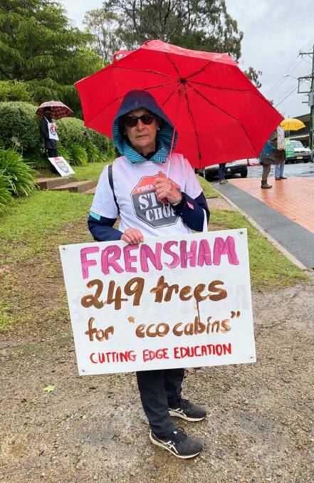 Sarah protesting against Frensham!s controversial plan to build eight Eco Cabins and a multi-purpose hall, plus attendant services, in school bushland known as the Lower Holt.
