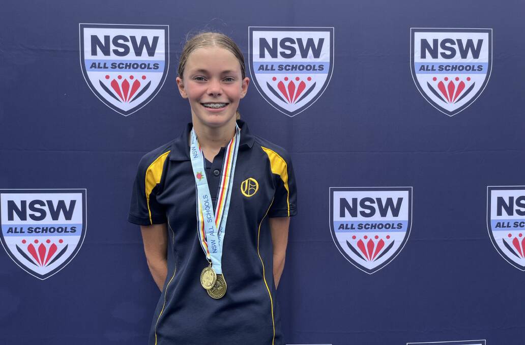 Pixie Hanson with her U15 NSW All Schools Triathlon Championship medals. Pictures supplied. 