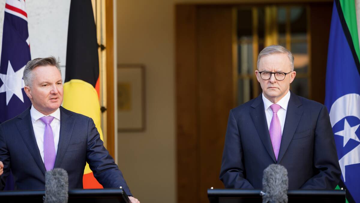 Climate Change Minister Chris Bowen and Prime Minister Anthony Albanese after striking a deal with the Greens to legislate their emission reduction targets. Picture: Sitthixay Ditthavong