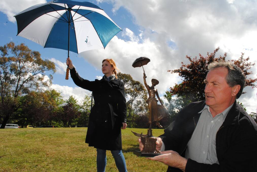 Melissa and Paul McShane at Bradman Oval in preparation for the launch of the bronze Mary Poppins sculpture on December 8. 	Photo by Eliza Winkler