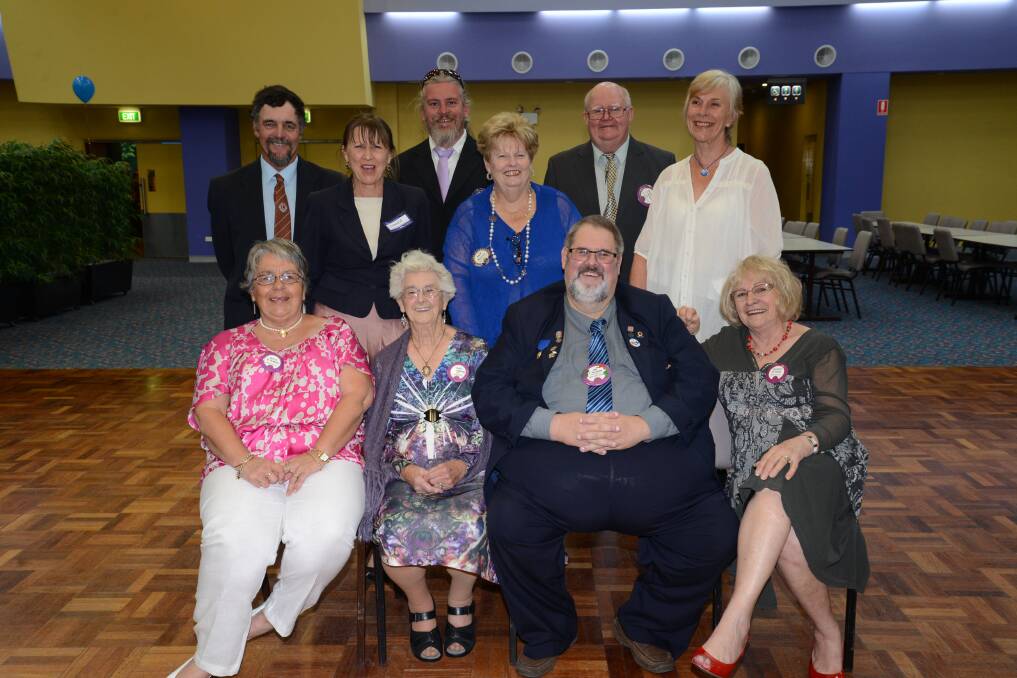 The Moss Vale Lions Club Betty Hatfield, Joan Armstrong, Jim Armstrong, Marion Peisley, and standing is David Thorn, Dana Milner, Kurt Eyding, Jan Reeves, Graeme Smith and Verna Dyson.