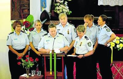 Colleagues of Sgt Longford, led by Senior Constable Natalie Innes, speaking at the funeral service on Friday. Photos by Jeff de Pasquale