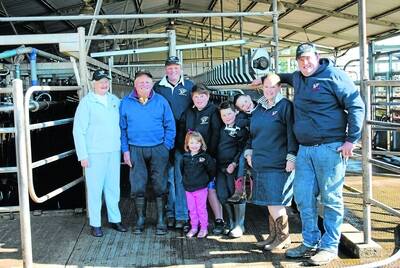 The Hayes family celebrate 100 years of dairy farming on their Avoca property. From left Nancy and Colin (third generation farmers), Stephen (fourth generation), budding fifth generation farmers, Jack, 14, Peggy, 4, Harry, 10, Jessica, 7, Kylie and Evan (fourth generation).	Photo by Jackie Meyers