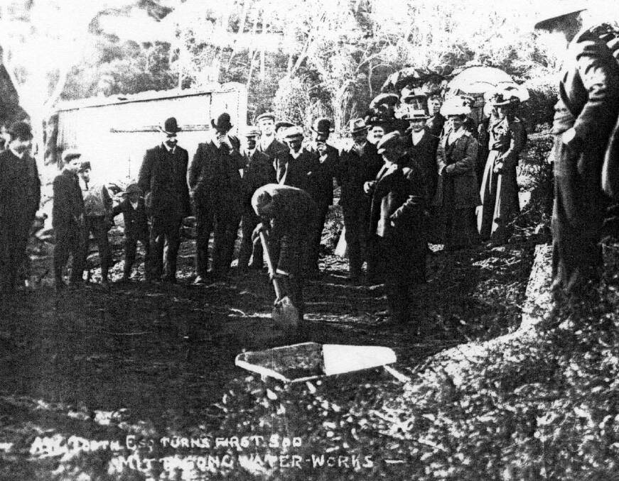 FIRST SOD: A W Tooth launches water supply at Baker's Creek, Mittagong in 1908.